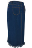 Deep Blue Street Solid Color Buttons Patchwork Slit Zipper Plus Size