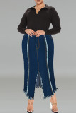 Deep Blue Street Solid Color Buttons Patchwork Slit Zipper Plus Size