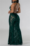 Green Sexy Solid Color See-Through Backless Halter Long Dresses