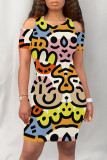 Colour Casual Geometric Print Graffiti Print Contrast O Neck Printed Dresses