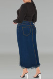 Deep Blue Street Solid Color Buttons Patchwork Slit Zipper Plus Size