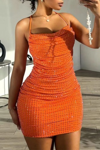 Orange Sexy Solid Color Backless Hot Drill Spaghetti Strap Wrapped Skirt Dresses
