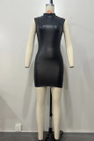 Black Casual Solid Color Basic Half A Turtleneck Wrapped Skirt Dresses