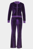 Purple Casual Solid Color Pocket Patchwork Zipper Zipper Collar Long Sleeve Two Pieces