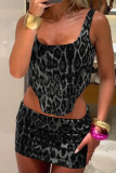 Black Street Print Patchwork Backless Square Neck Sleeveless Two Pieces