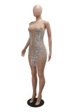 White Sexy Hot Club Patchwork Fringed Trim See-Through O Neck Wrapped Skirt Dresses