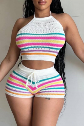 White Sexy Casual Stripe Backless Belted Contrast Halter Sleeveless Two Pieces