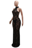 Green Sexy Solid Color See-Through Backless Halter Long Dresses