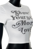 White Casual Letters Patchwork O Neck T-Shirts