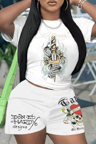 White Casual Street Print Letter O Neck Short Sleeve Two Pieces T-shirt Tops And Short Set
