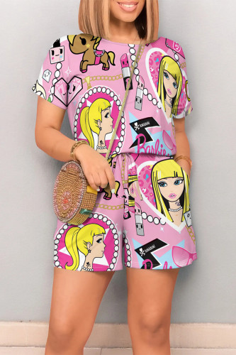 White Pink Casual Street Geometric Print Cartoon Print Draw String Pocket Contrast O Neck Loose Rompers