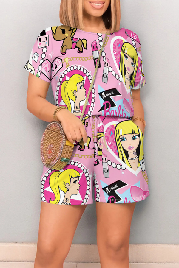 White Pink Casual Street Geometric Print Cartoon Print Draw String Pocket Contrast O Neck Loose Rompers