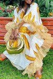 White Street Print Patchwork Ruffled Trim V Neck Long Dresses