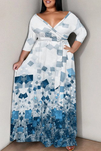 Blue White Elegant Print Patchwork Strap Design V Neck Long Plus Size Dresses