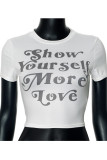 White Casual Letters Patchwork O Neck T-Shirts
