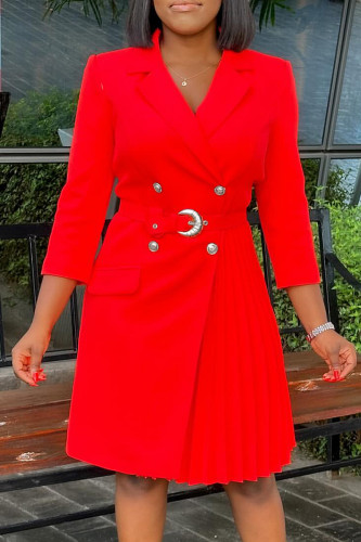 Red Celebrities Solid Color Buttons Patchwork Ruched V Neck A Line Dresses
