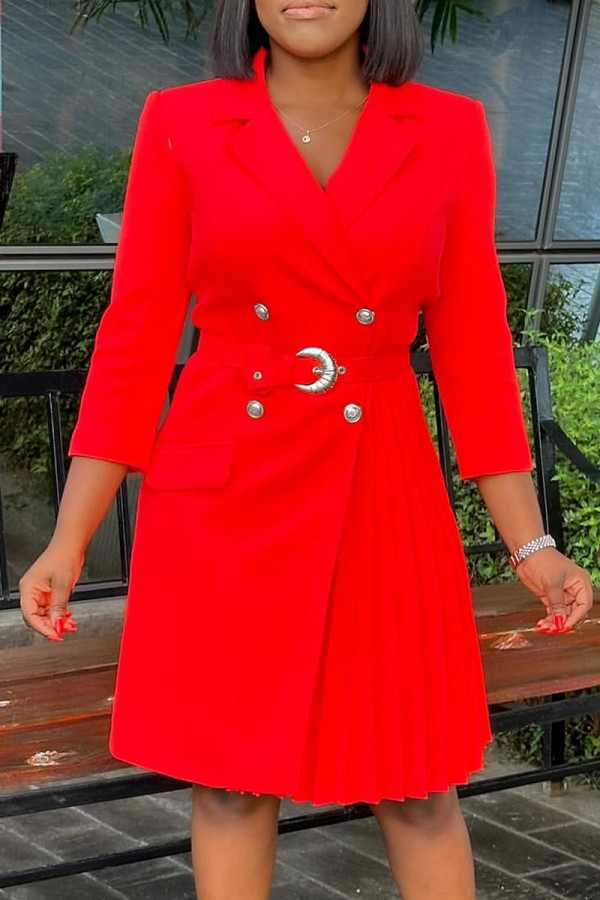 Red Celebrities Solid Color Buttons Patchwork Ruched V Neck A Line Dresses