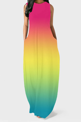 Red Green Casual Gradient Print Pocket Contrast O Neck Vest Dresses