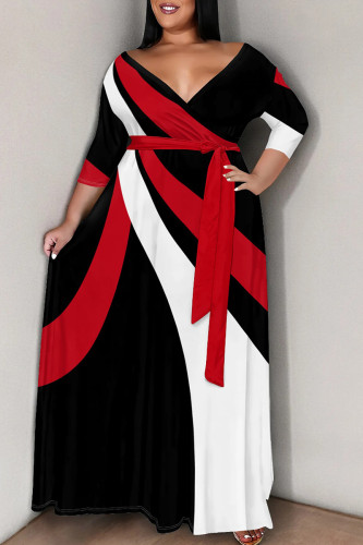 Black Red Elegant Print Patchwork Strap Design V Neck Long Plus Size Dresses