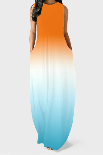Orange Blue Casual Gradient Print Pocket Contrast O Neck Vest Dresses