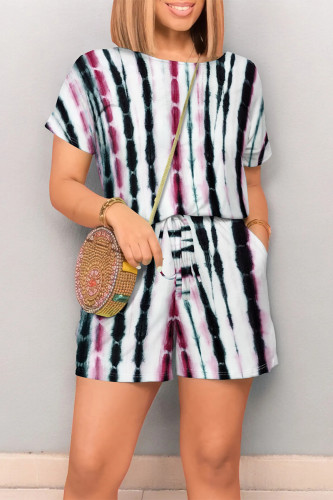 Black Rose Red Casual Gradient Print Draw String Pocket O Neck Loose Rompers