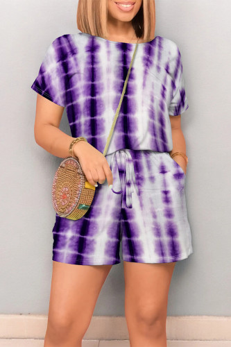 Purple Casual Gradient Print Draw String Pocket O Neck Loose Rompers