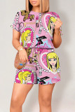 Gradient Color Casual Street Geometric Print Cartoon Print Draw String Pocket Contrast O Neck Loose Rompers