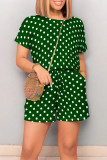 Blue Casual Print Polka Dot Draw String Contrast O Neck Loose Rompers