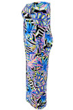 Blue Celebrities Print Buckle Patchwork Backless Off Shoulder Long Plus Size Dresses