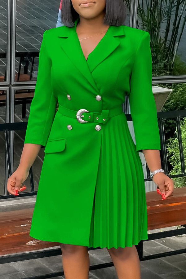 Green Celebrities Solid Color Buttons Patchwork Ruched V Neck A Line Dresses