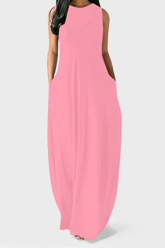 Pink Casual Solid Color Pocket O Neck Vest Dresses