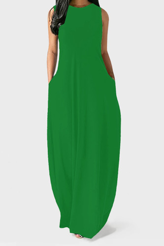 Green Casual Solid Color Pocket O Neck Vest Dresses