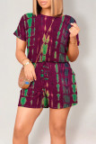 Red Casual Gradient Print Draw String Pocket O Neck Loose Rompers