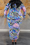 Blue Celebrities Print Buckle Patchwork Backless Off Shoulder Long Plus Size Dresses