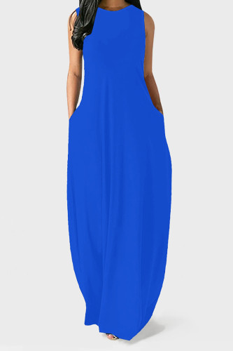 Blue Casual Solid Color Pocket O Neck Vest Dresses