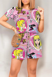 Gradient Color Casual Street Geometric Print Cartoon Print Draw String Pocket Contrast O Neck Loose Rompers