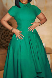 Black Celebrities Solid Color Patchwork Ruched O Neck A Line Dresses