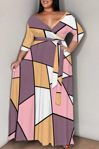 Pink Elegant Print Patchwork Strap Design V Neck Long Plus Size Dresses