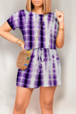 Red Casual Gradient Print Draw String Pocket O Neck Loose Rompers