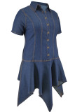 Deep Blue Street Solid Color Buckle Patchwork Ruched Turndown Collar Irregular Plus Size Dresses