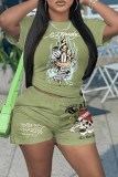 Black Casual Street Print Letter O Neck Short Sleeve Two Pieces T-shirt Tops And Short Set