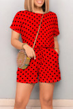 Blue Casual Print Polka Dot Draw String Contrast O Neck Loose Rompers
