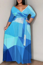 Blue Elegant Print Patchwork Strap Design V Neck Long Plus Size Dresses