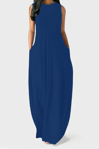 Tibetan Blue Casual Solid Color Pocket O Neck Vest Dresses
