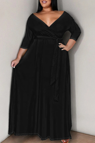 Black Elegant Solid Color Patchwork Strap Design V Neck Long Plus Size Dresses
