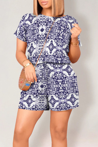 Purple Casual Street National Totem Print Draw String Pocket O Neck Loose Rompers
