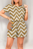 Golden Yellow Casual Ripple Print Draw String Pocket O Neck Loose Rompers
