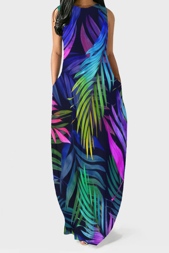 Blue Purple Casual Street Floral Print Pocket O Neck Vest Dresses