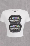 White Casual Print Patchwork O Neck T-Shirts