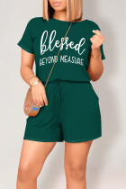 Green Casual Daily Letter Print Pocket Lace Up O Neck Loose Rompers
